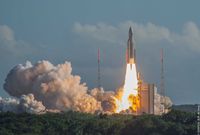 Lancering van Ariane 5 raket , Kourou CSG , Frans-Guyana